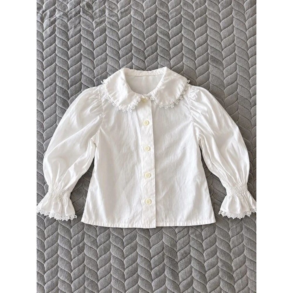 Vintage Girls White Lace Peter Pan Collar Blouse Puff Sleeve 4T 5